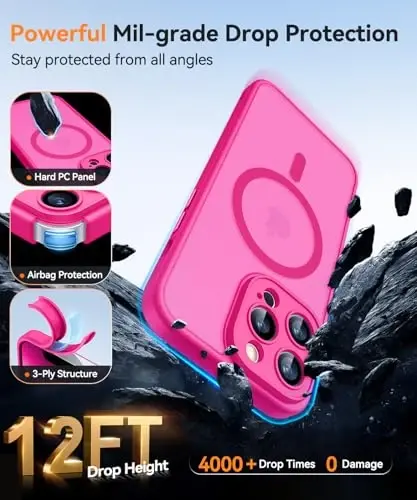 CANSHN Magnetic Compatible with iPhone 13 Pro Case, Upgraded [Full Camera Protection] [Compatible with Magsafe] [Translucent Matte] Shockproof Protective Phone Case Cover 6.1 Inch - Hot Pink - 7