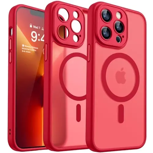 CANSHN Magnetic Compatible with iPhone 13 Pro Case, Upgraded [Full Camera Protection] [Compatible with Magsafe] [Translucent Matte] Shockproof Protective Phone Case Cover 6.1 Inch - Red 