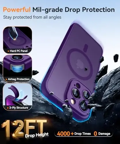 CANSHN Magnetic Compatible with iPhone 13 Pro Case, Upgraded [Full Camera Protection] [Compatible with Magsafe] [Translucent Matte] Shockproof Protective Phone Case Cover 6.1 Inch - Deep Purple - 6