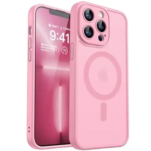 CANSHN Magnetic Compatible with iPhone 13 Pro Max Case, Upgraded [Full Camera Protection] [Compatible with Magsafe] [Translucent Matte] Shockproof Protective Phone Case Cover 6.7 Inch - Pink - 1