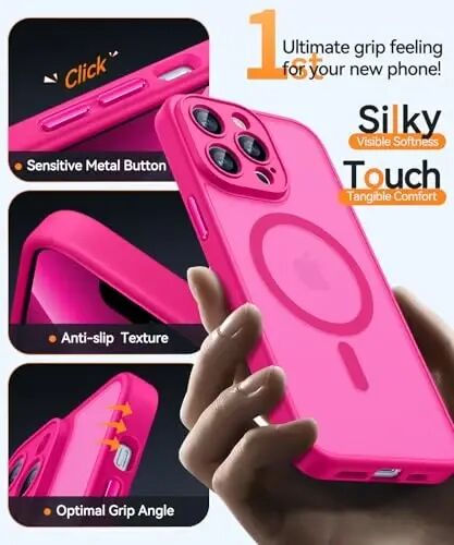 CANSHN Magnetic Compatible with iPhone 13 Pro Max Case, Upgraded [Full Camera Protection] [Compatible with Magsafe] [Translucent Matte] Shockproof Protective Phone Case Cover 6.7 Inch - Hot Pink - 6
