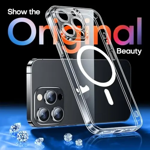 CANSHN iPhone 13 Pro Max uchun magnit bilan mos keladigan g'ilof, yangilangan [To'liq kamera himoyasi] [Magsafe bilan mos keladi] Sariqlanmaydigan zarbga chidamli himoya bamperli telefon g'ilofi 6,7 dyuym - Shaffof - 3