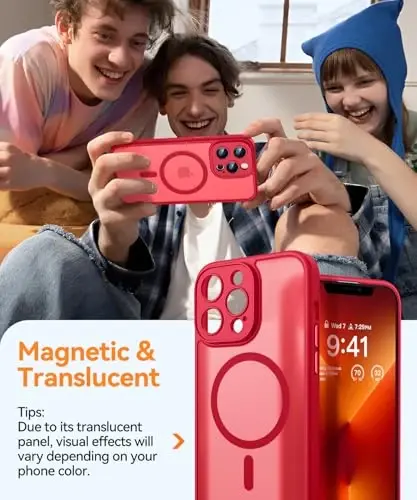 CANSHN iPhone 13 Pro Max uchun magnit bilan mos keluvchi g'ilof, yangilangan [To'liq kamera himoyasi] [Magsafe bilan mos keladi] [Shaffof mat] Zarba o'tkazmaydigan himoya telefon g'ilofi 6.7 dyuym - Qizil - 3