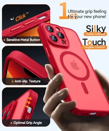 CANSHN iPhone 13 Pro Max uchun magnit bilan mos keluvchi g'ilof, yangilangan [To'liq kamera himoyasi] [Magsafe bilan mos keladi] [Shaffof mat] Zarba o'tkazmaydigan himoya telefon g'ilofi 6.7 dyuym - Qizil - 6