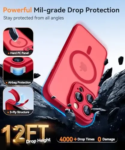 CANSHN iPhone 13 Pro Max uchun magnit bilan mos keluvchi g'ilof, yangilangan [To'liq kamera himoyasi] [Magsafe bilan mos keladi] [Shaffof mat] Zarba o'tkazmaydigan himoya telefon g'ilofi 6.7 dyuym - Qizil - 7