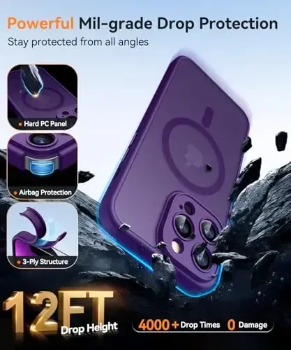 CANSHN iPhone 13 Pro Max uchun magnit bilan mos keluvchi g'ilof, yangilangan [To'liq kamera himoyasi] [Magsafe bilan mos] [Shaffof mat] Zarba o'tkazmaydigan himoya telefon qopqog'i 6,7 dyuym - To'q binafsha - 6