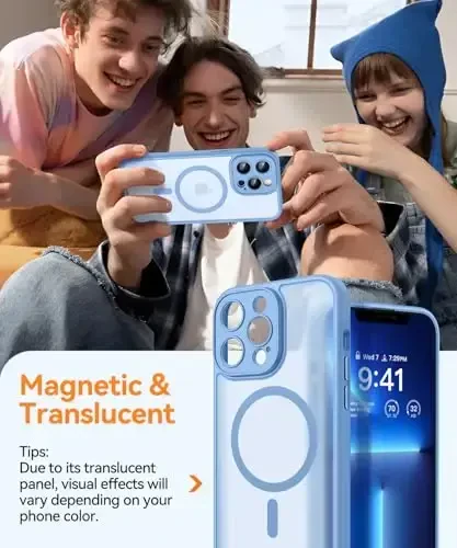 CANSHN iPhone 13 Pro Max uchun magnit mos keladigan g'ilof, yangilangan [To'liq kamera himoyasi] [Magsafe bilan mos keladi] [Shaffof mat] Zarbadan himoya qiluvchi telefon g'ilofi 6,7 dyuym - Moviy - 3