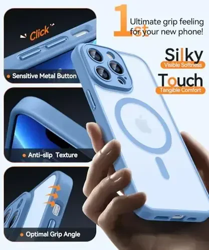 CANSHN iPhone 13 Pro Max uchun magnit mos keladigan g'ilof, yangilangan [To'liq kamera himoyasi] [Magsafe bilan mos keladi] [Shaffof mat] Zarbadan himoya qiluvchi telefon g'ilofi 6,7 dyuym - Moviy - 5