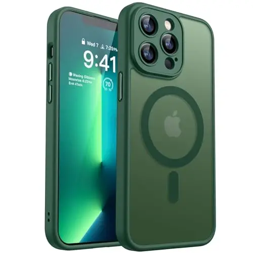 CANSHN iPhone 13 Pro Max uchun magnit mos keluvchi g'ilof, yangilangan [To'liq kamera himoyasi] [Magsafe bilan mos] [Yarim shaffof mat] Zarba o'tkazmaydigan himoya telefon g'ilofi 6,7 dyuym - To'q yashil - CANSHN