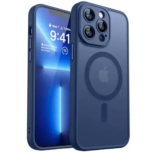 CANSHN iPhone 13 Pro uchun magnit bilan mos keladigan g'ilof, yangilangan [To'liq kamera himoyasi] [Magsafe bilan mos keladi] [Shaffof mat] Zarba o'tkazmaydigan himoya telefon qopqog'i 6.1 dyuym - To'q ko'k - CANSHN