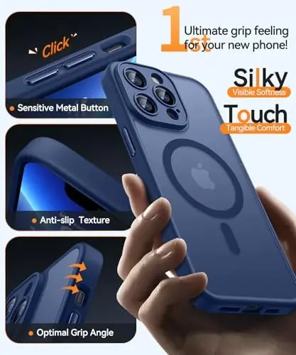 CANSHN iPhone 13 Pro uchun magnit bilan mos keladigan g'ilof, yangilangan [To'liq kamera himoyasi] [Magsafe bilan mos keladi] [Shaffof mat] Zarba o'tkazmaydigan himoya telefon qopqog'i 6.1 dyuym - To'q ko'k - 5