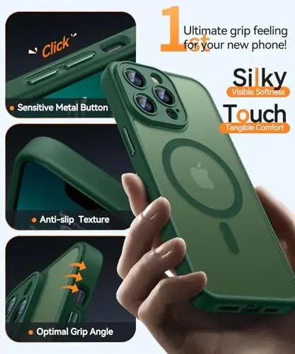 CANSHN iPhone 13 Pro uchun magnit mos keladigan g'ilof, yangilangan [To'liq kamera himoyasi] [Magsafe bilan mos keladi] [Shaffof mat] zarbaga chidamli himoya telefon qopqog'i 6.1 dyuym - to'q yashil - 5