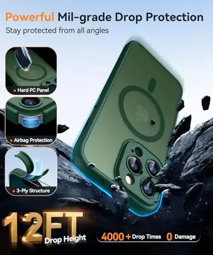 CANSHN iPhone 13 Pro uchun magnit mos keladigan g'ilof, yangilangan [To'liq kamera himoyasi] [Magsafe bilan mos keladi] [Shaffof mat] zarbaga chidamli himoya telefon qopqog'i 6.1 dyuym - to'q yashil - 6
