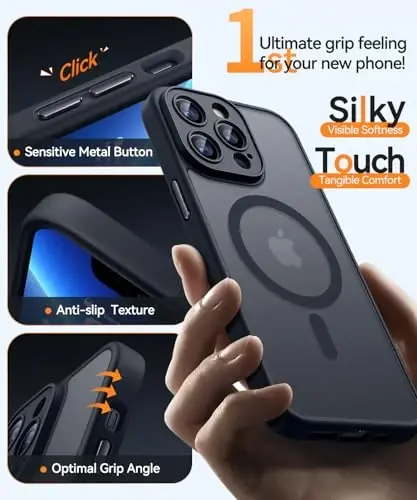 CANSHN iPhone 13 Pro uchun magnit moslashuvchan gʻilof, [Toʻliq kamera himoyasi] [Magsafe bilan mos] [Shaffof mat] zarbga chidamli himoya telefon gʻilofi 6.1 dyuym - Qora - 5