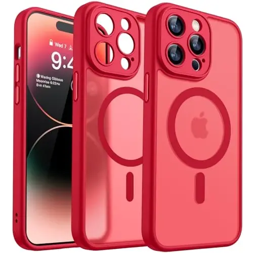CANSHN Magnetic Compatible with iPhone 14 Pro Case, Upgraded [Full Camera Protection] [Compatible with Magsafe] [Translucent Matte] Shockproof Protective Phone Case Cover 6.1 Inch - Red 