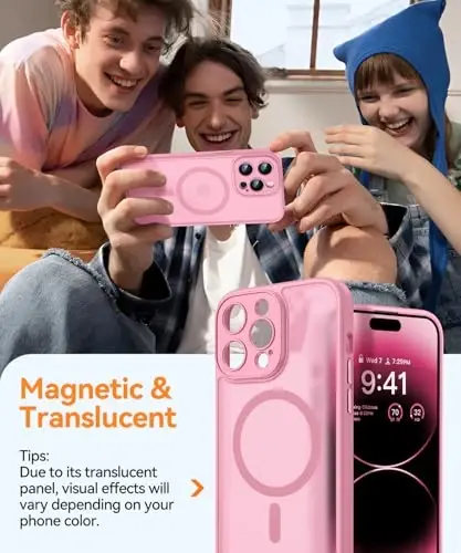 CANSHN Magnetic Compatible with iPhone 14 Pro Case, Upgraded [Full Camera Protection] [Compatible with Magsafe] [Translucent Matte] Shockproof Protective Phone Case Cover 6.1 Inch - Pink - 3