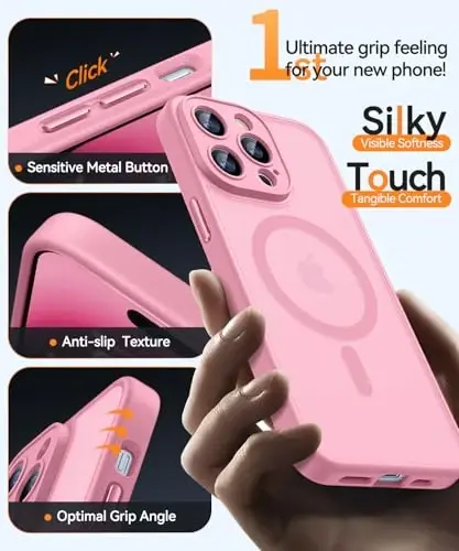 CANSHN Magnetic Compatible with iPhone 14 Pro Case, Upgraded [Full Camera Protection] [Compatible with Magsafe] [Translucent Matte] Shockproof Protective Phone Case Cover 6.1 Inch - Pink - 6