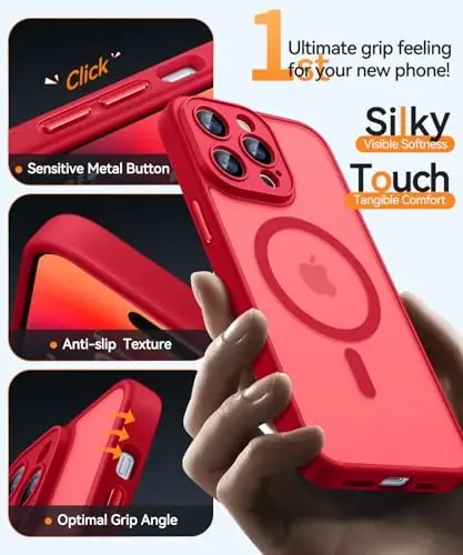 CANSHN Magnetic Compatible with iPhone 14 Pro Max Case, Upgraded [Full Camera Protection] [Compatible with Magsafe] [Translucent Matte] Shockproof Protective Phone Case Cover 6.7 Inch - Red - 6