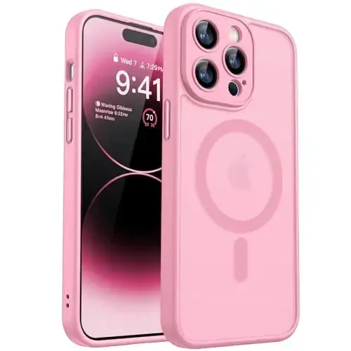 CANSHN Magnetic Compatible with iPhone 14 Pro Max Case, Upgraded [Full Camera Protection] [Compatible with Magsafe] [Translucent Matte] Shockproof Protective Phone Case Cover 6.7 Inch - Pink - 1