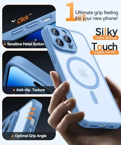 CANSHN Magnetic Compatible with iPhone 14 Pro Max Case, Upgraded [Full Camera Protection] [Compatible with Magsafe] [Translucent Matte] Shockproof Protective Phone Case Cover 6.7 Inch - Light Blue - 6