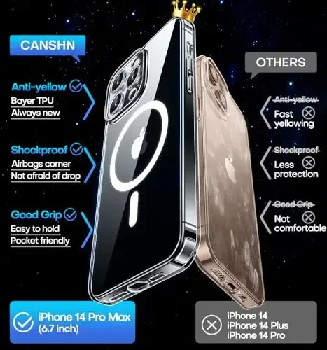 CANSHN Magnetic Compatible with iPhone 14 Pro Max Case, Upgraded [Full Camera Protection] [Compatible with Magsafe] Non-Yellowing Shockproof Protective Bumper Phone Case 6.7 inch - Clear - 7