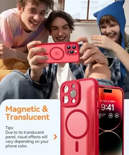 CANSHN iPhone 14 Pro Max uchun magnit mos keladigan g'ilof, yangilangan [To'liq kamera himoyasi] [Magsafe bilan mos keladi] [Shaffof mat] Zarba o'tkazmaydigan himoya telefon g'ilofi qopqog'i 6,7 dyuym - Qizil - 3