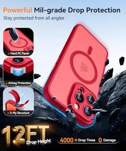 CANSHN iPhone 14 Pro Max uchun magnit mos keladigan g'ilof, yangilangan [To'liq kamera himoyasi] [Magsafe bilan mos keladi] [Shaffof mat] Zarba o'tkazmaydigan himoya telefon g'ilofi qopqog'i 6,7 dyuym - Qizil - 7