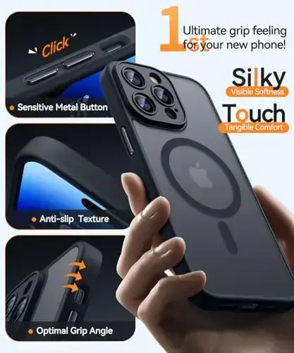 CANSHN iPhone 14 Pro Max uchun magnitli mos keladigan g'ilof, yangilangan [To'liq kamera himoyasi] [Magsafe bilan mos] [Shaffof mat] Zarba o'tkazmaydigan himoya telefon qopqog'i 6,7 dyuym - Qora - 5