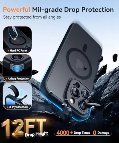 CANSHN iPhone 14 Pro Max uchun magnitli mos keladigan g'ilof, yangilangan [To'liq kamera himoyasi] [Magsafe bilan mos] [Shaffof mat] Zarba o'tkazmaydigan himoya telefon qopqog'i 6,7 dyuym - Qora - 6