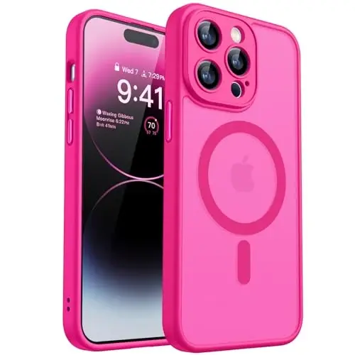 CANSHN iPhone 14 Pro uchun magnit bilan mos keladigan g'ilof, yangilangan [To'liq kamera himoyasi] [Magsafe bilan mos] [Yarim shaffof mat] Zarbadan himoya qiluvchi telefon g'ilofi 6.1 dyuym - To'q pushti 