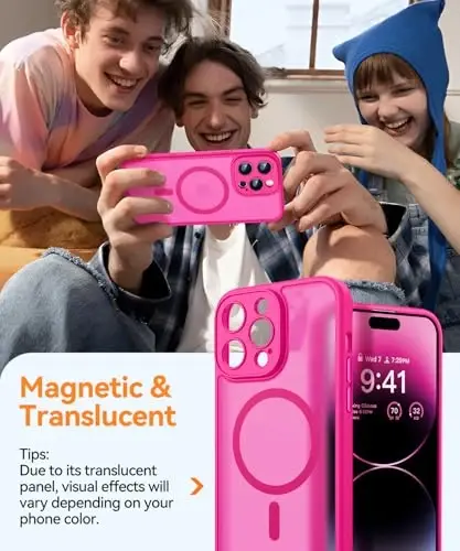 CANSHN iPhone 14 Pro uchun magnit bilan mos keladigan g'ilof, yangilangan [To'liq kamera himoyasi] [Magsafe bilan mos] [Yarim shaffof mat] Zarbadan himoya qiluvchi telefon g'ilofi 6.1 dyuym - To'q pushti - 3