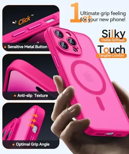 CANSHN iPhone 14 Pro uchun magnit bilan mos keladigan g'ilof, yangilangan [To'liq kamera himoyasi] [Magsafe bilan mos] [Yarim shaffof mat] Zarbadan himoya qiluvchi telefon g'ilofi 6.1 dyuym - To'q pushti - 6