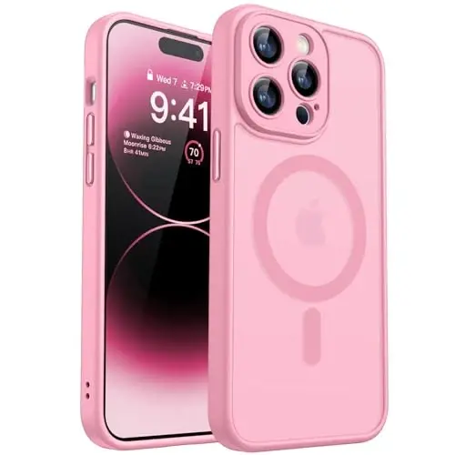 CANSHN iPhone 14 Pro uchun magnit mos keladigan g'ilof, [To'liq kamera himoyasi] [Magsafe bilan mos keladi] [Shaffof mat] Zarbadan himoya qiluvchi telefon g'ilofi 6.1 dyuym - Pushti 