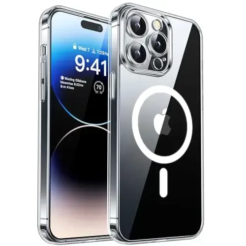 CANSHN iPhone 14 Pro uchun magnit mos keluvchi g‘ilof, yangilangan [To‘liq kamera himoyasi] [Magsafe bilan mos] Sariqlanmaydigan zarbga chidamli himoya bamper telefon g‘ilofi 6.1 dyuym - Shaffof 