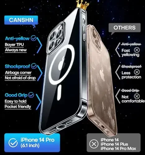 CANSHN iPhone 14 Pro uchun magnit mos keluvchi g‘ilof, yangilangan [To‘liq kamera himoyasi] [Magsafe bilan mos] Sariqlanmaydigan zarbga chidamli himoya bamper telefon g‘ilofi 6.1 dyuym - Shaffof - 7