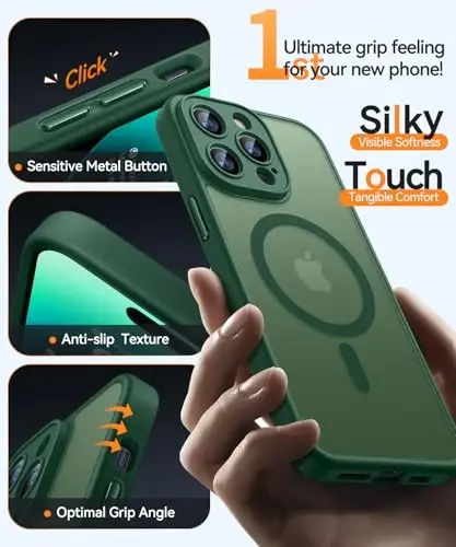 CANSHN iPhone 14 Pro uchun magnit mos keluvchi g‘ilof, yangilangan [To‘liq kamera himoyasi] [Magsafe bilan mos] [Shaffof mat] Zarba o‘tkazmaydigan himoya telefon g‘ilofi 6,1 dyuym - To‘q yashil - 5