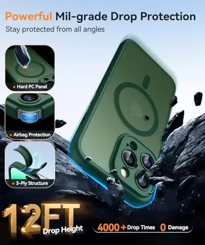 CANSHN iPhone 14 Pro uchun magnit mos keluvchi g‘ilof, yangilangan [To‘liq kamera himoyasi] [Magsafe bilan mos] [Shaffof mat] Zarba o‘tkazmaydigan himoya telefon g‘ilofi 6,1 dyuym - To‘q yashil - 6