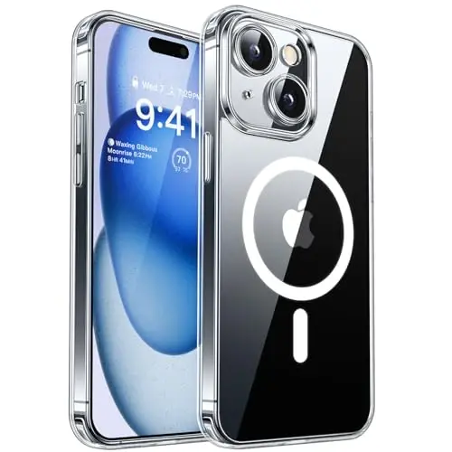 CANSHN Magnetic for iPhone 15 Case Clear, Upgraded [Full Camera Protection] [Compatible with Magsafe] Non-Yellowing Protective Shockproof Bumper Phone Case 6.1 inch - Clear 