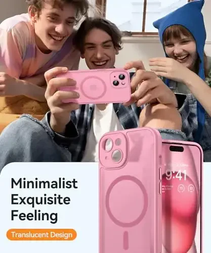 CANSHN iPhone 15 Plus uchun magnitli korpus, yangilangan [to'liq kamera himoyasi] [Magsafe bilan mos] [shaffof mat] zarbaga chidamli himoya oluvchi telefon korpusi iPhone 15 Plus 6,7 dyuym - pushti - 1