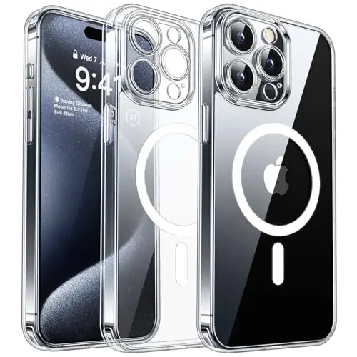 CANSHN Magnetic for iPhone 15 Pro Case Clear, Upgraded [Full Camera Protection] [Compatible with Magsafe] Non-Yellowing Protective Shockproof Bumper Phone Case 6.1 inch - Clear - 1