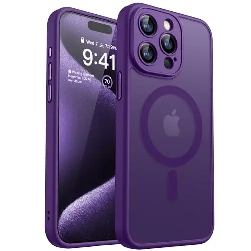 CANSHN Magnetic Compatible with iPhone 15 Pro Case, Upgraded [Full Camera Protection] [Compatible with Magsafe] [Translucent Matte] Shockproof Protective Phone Case Cover 6.1 Inch - Deep Purple 