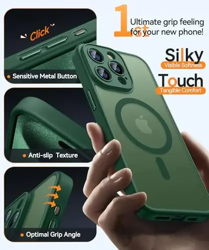 CANSHN Magnetic Compatible with iPhone 15 Pro Case, Upgraded [Full Camera Protection] [Compatible with Magsafe] [Translucent Matte] Shockproof Protective Phone Case Cover 6.1 Inch - Deep Green - 12