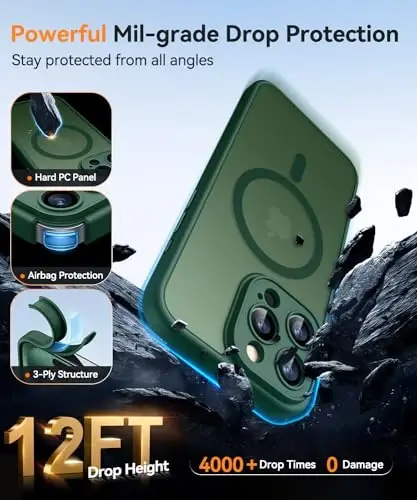 CANSHN Magnetic Compatible with iPhone 15 Pro Case, Upgraded [Full Camera Protection] [Compatible with Magsafe] [Translucent Matte] Shockproof Protective Phone Case Cover 6.1 Inch - Deep Green - 6
