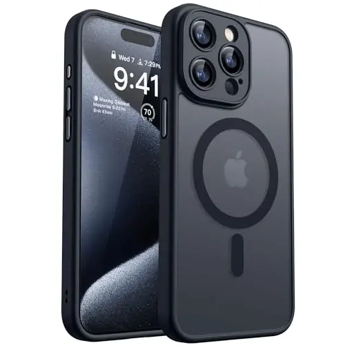 CANSHN Magnetic Compatible with iPhone 15 Pro Case, Upgraded [Full Camera Protection] [Compatible with Magsafe] [Translucent Matte] Shockproof Protective Phone Case Cvoer 6.1 inch - Black 