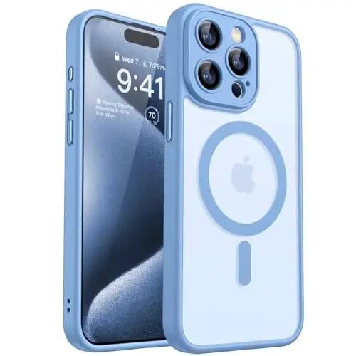 CANSHN Magnetic Compatible with iPhone 15 Pro Case, Upgraded [Full Camera Protection] [Compatible with Magsafe] [Translucent Matte] Shockproof Protective Phone Case Cover 6.1 Inch - Light Blue 