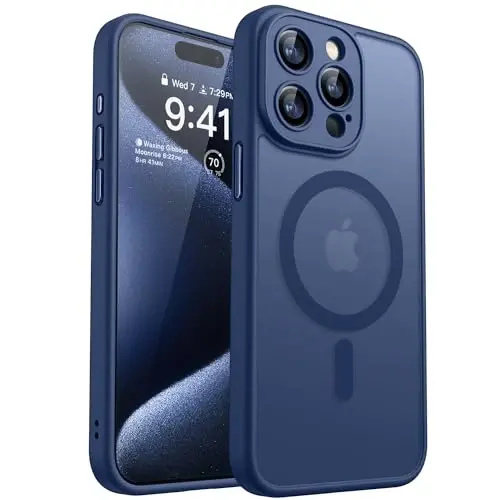 CANSHN Magnetic Compatible with iPhone 15 Pro Case, Upgraded [Full Camera Protection] [Compatible with Magsafe] [Translucent Matte] Shockproof Protective Phone Case Cover 6.1 Inch - Deep Blue - 1