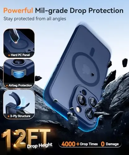 CANSHN Magnetic Compatible with iPhone 15 Pro Case, Upgraded [Full Camera Protection] [Compatible with Magsafe] [Translucent Matte] Shockproof Protective Phone Case Cover 6.1 Inch - Deep Blue - 6