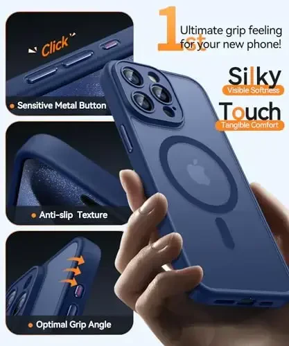 CANSHN Magnetic Compatible with iPhone 15 Pro Case, Upgraded [Full Camera Protection] [Compatible with Magsafe] [Translucent Matte] Shockproof Protective Phone Case Cover 6.1 Inch - Deep Blue - 5