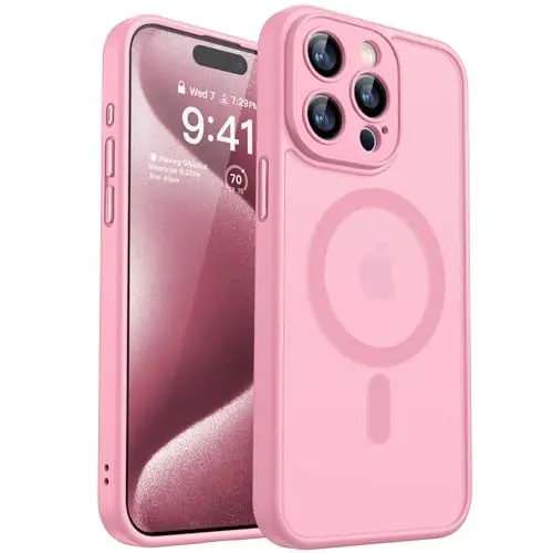 CANSHN Magnetic Compatible with iPhone 15 Pro Case, Upgraded [Full Camera Protection] [Compatible with Magsafe] [Translucent Matte] Shockproof Protective Phone Case Cover 6.1 Inch - Pink 