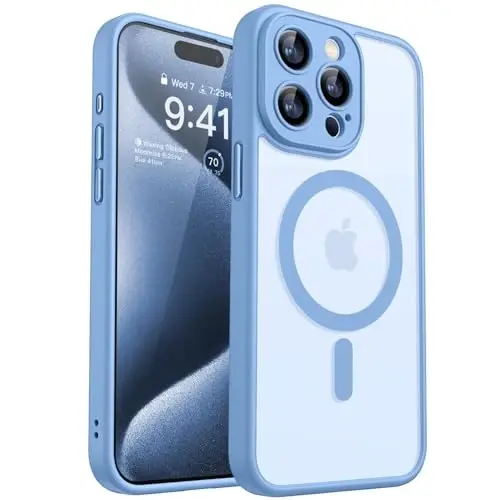 CANSHN Magnetic Compatible with iPhone 15 Pro Max Case, Upgraded [Full Camera Protection] [Compatible with Magsafe] [Translucent Matte] Shockproof Protective Phone Case Cover 6.7 Inch - Light Blue 